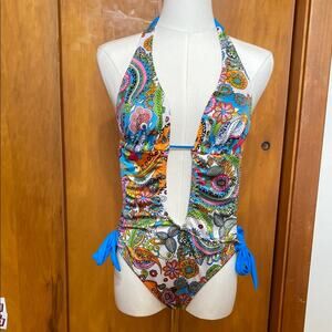 AMPM Multicolor Paisley One-Piece Swimsuit Halter w/ Turquoise Ties Vintage Y2K